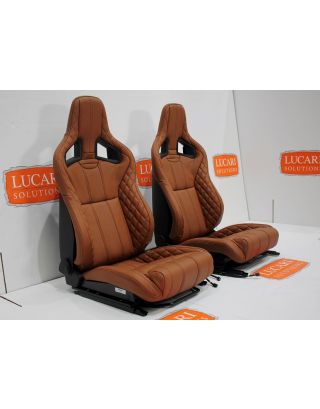 Tan leather Recaro CS pair of front seats Tip up bases fit Land Rover Defender